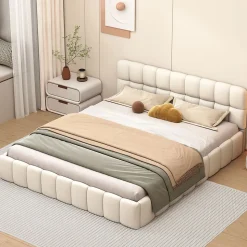 Lit adulte 140x200 cm, lit rembourré en lin, dossier moelleux, sommier à lattes, tête de lit, Beige