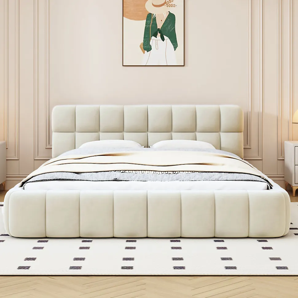 Lit adulte 140x200 cm, lit rembourré en lin, dossier moelleux, sommier à lattes, tête de lit, Beige