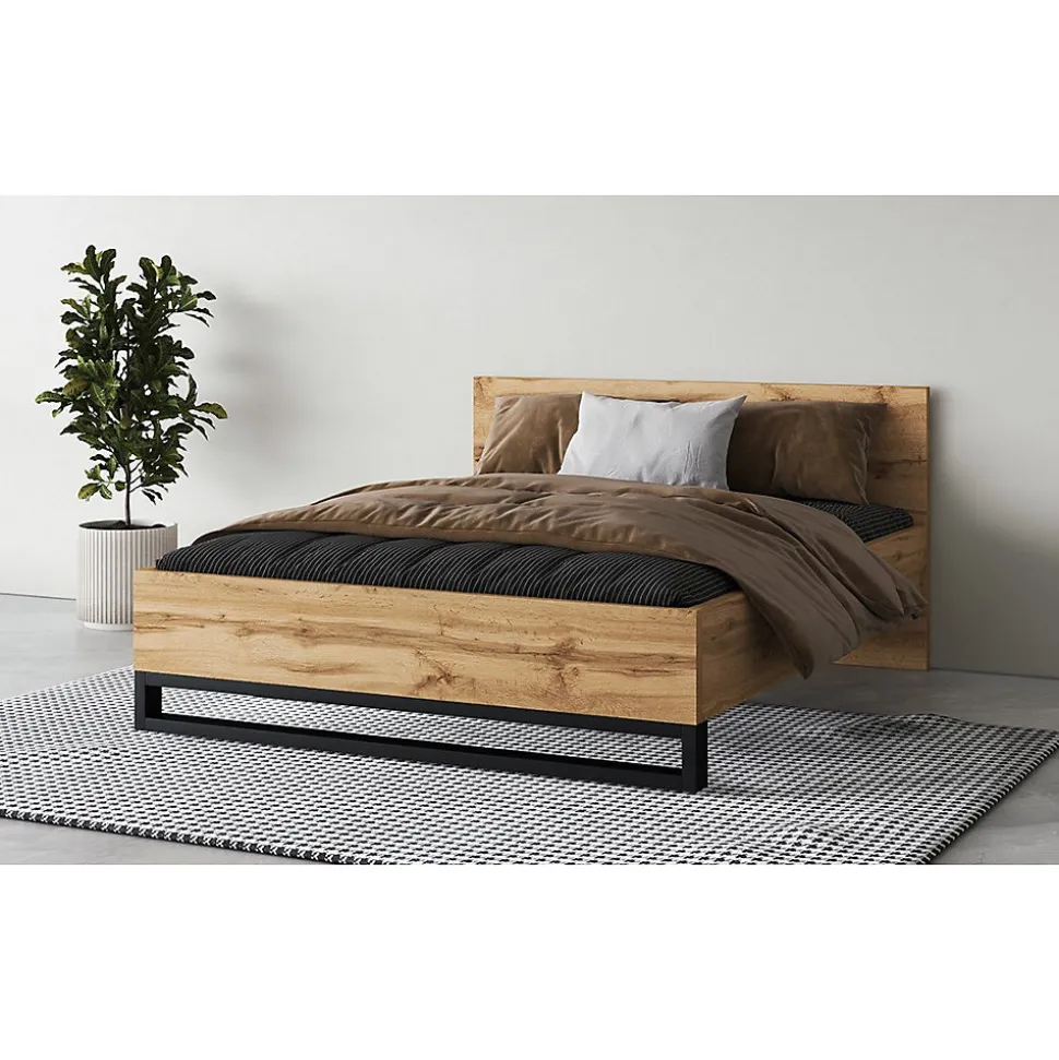 Lit adulte 160x200 style industriel - Collection MILOS. Coloris chene brut et noir. Sommier inclus