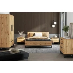 Lit adulte 160x200 style industriel - Collection MILOS. Coloris chene brut et noir. Sommier inclus