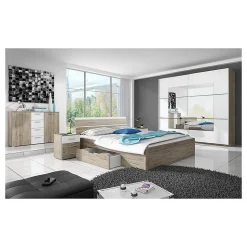 Lit adulte 160x200, tiroirs intégrés et sommier inclus - Collection EOS. Coloris chene clair et blanc