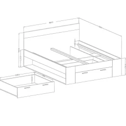 Lit adulte 180x200, tiroirs intégrés et sommier inclus - Collection EOS. Coloris chene foncé et noir