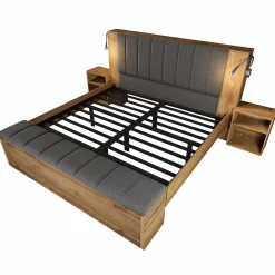 Lit adulte 180x200cm - lampe de lecture+prises chargement+banquette de rangement - 2 tables de chevet - Naturel (sans matelas)