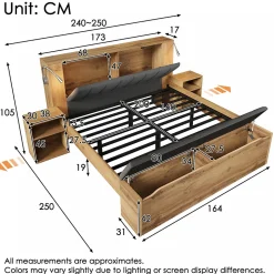 Lit adulte 160x200cm - lampe de lecture+prises chargement+banquette de rangement - 2 tables de chevet - Naturel (sans matelas)