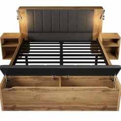 Lit adulte 160x200cm - lampe de lecture+prises chargement+banquette de rangement - 2 tables de chevet - Naturel (sans matelas)