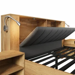 Lit adulte 160x200cm - lampe de lecture+prises chargement+banquette de rangement - 2 tables de chevet - Naturel (sans matelas)