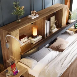 Lit adulte 160x200cm - lampe de lecture+prises chargement+banquette de rangement - 2 tables de chevet - Naturel (sans matelas)