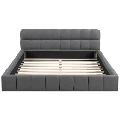 Lit adulte 160x200cm en lin avec dossier moelleux, lit plat avec sommier à lattes, gris