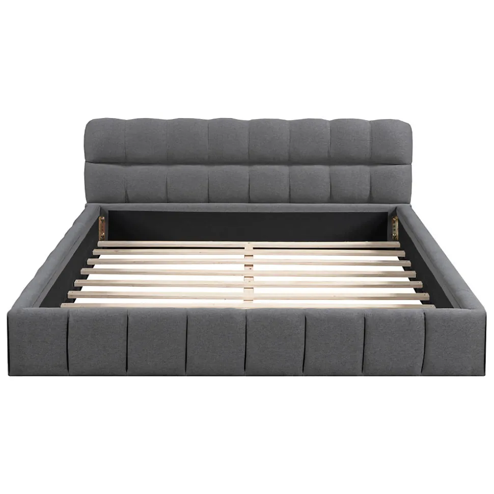 Lit adulte 160x200cm en lin avec dossier moelleux, lit plat avec sommier à lattes, gris