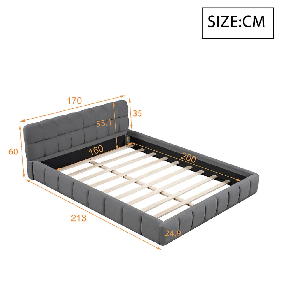 Lit adulte 160x200cm en lin avec dossier moelleux, lit plat avec sommier à lattes, gris