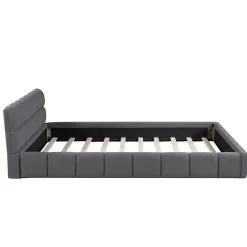 Lit adulte 160x200cm en lin avec dossier moelleux, lit plat avec sommier à lattes, gris