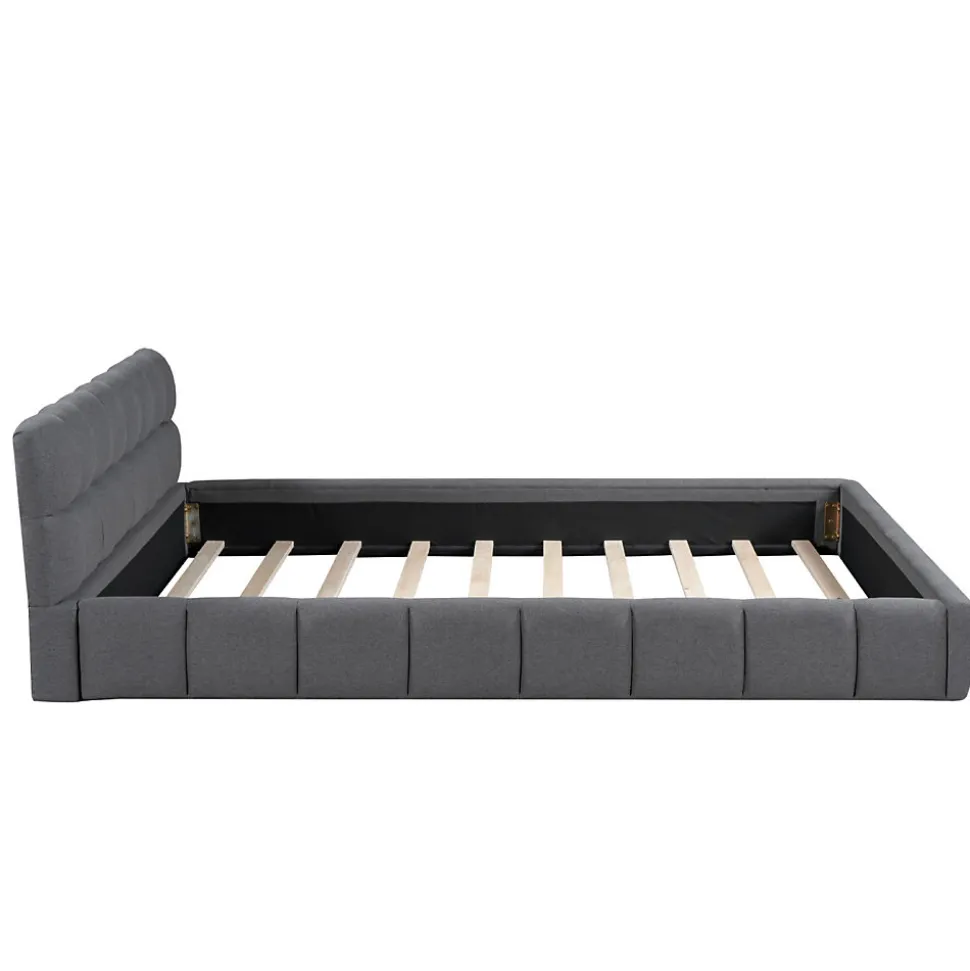 Lit adulte 160x200cm en lin avec dossier moelleux, lit plat avec sommier à lattes, gris