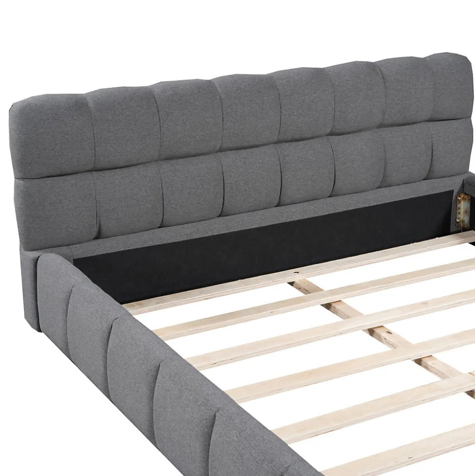 Lit adulte 160x200cm en lin avec dossier moelleux, lit plat avec sommier à lattes, gris