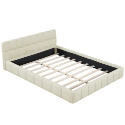 Lit adulte 160x200cm en lin avec dossier moelleux, lit plat avec sommier à lattes, beige