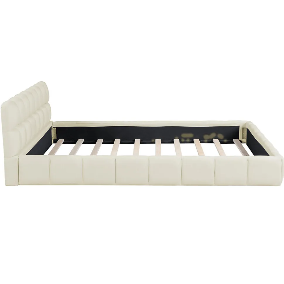 Lit adulte 140x190cm en lin avec dossier moelleux, Lit plat avec sommier à lattes, beige