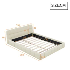 Lit adulte 140x190cm en lin avec dossier moelleux, Lit plat avec sommier à lattes, beige