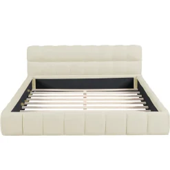 Lit adulte 140x190cm en lin avec dossier moelleux, Lit plat avec sommier à lattes, beige