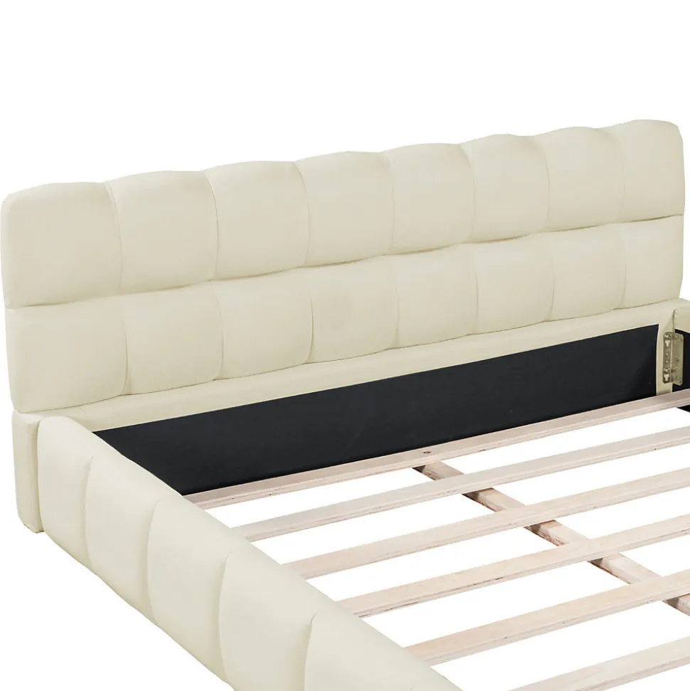 Lit adulte 140x190cm en lin avec dossier moelleux, Lit plat avec sommier à lattes, beige