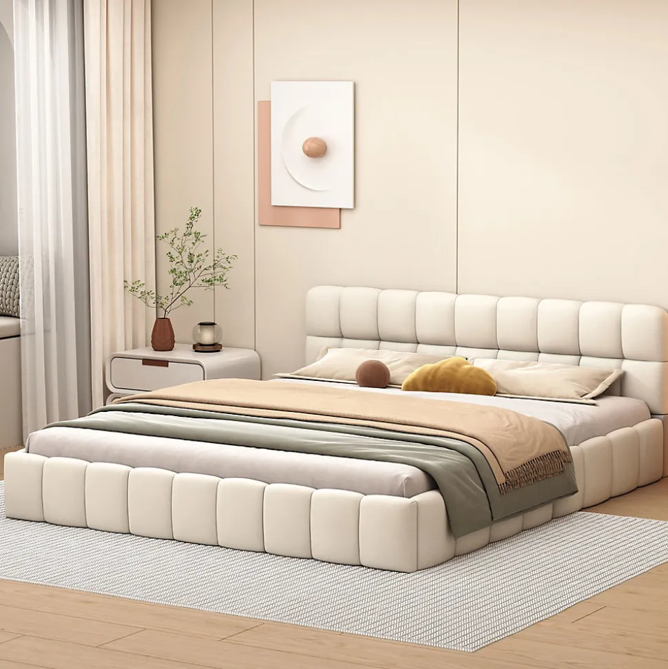Lit adulte 140x190cm en lin avec dossier moelleux, Lit plat avec sommier à lattes, beige
