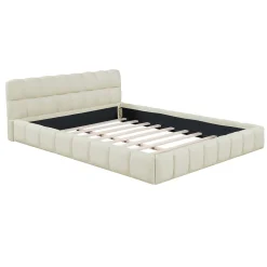 Lit adulte 140x190cm en lin avec dossier moelleux, Lit plat avec sommier à lattes, beige