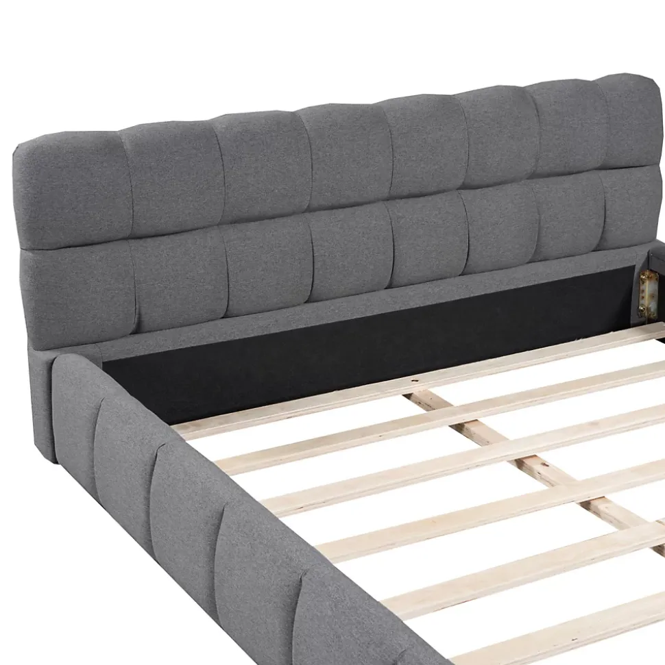 Lit adulte 160x200cm en lin avec dossier moelleux, Lit plat avec sommier à lattes, gris