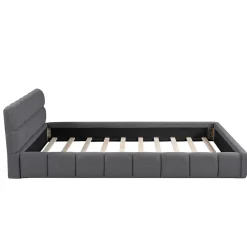 Lit adulte 160x200cm en lin avec dossier moelleux, Lit plat avec sommier à lattes, gris