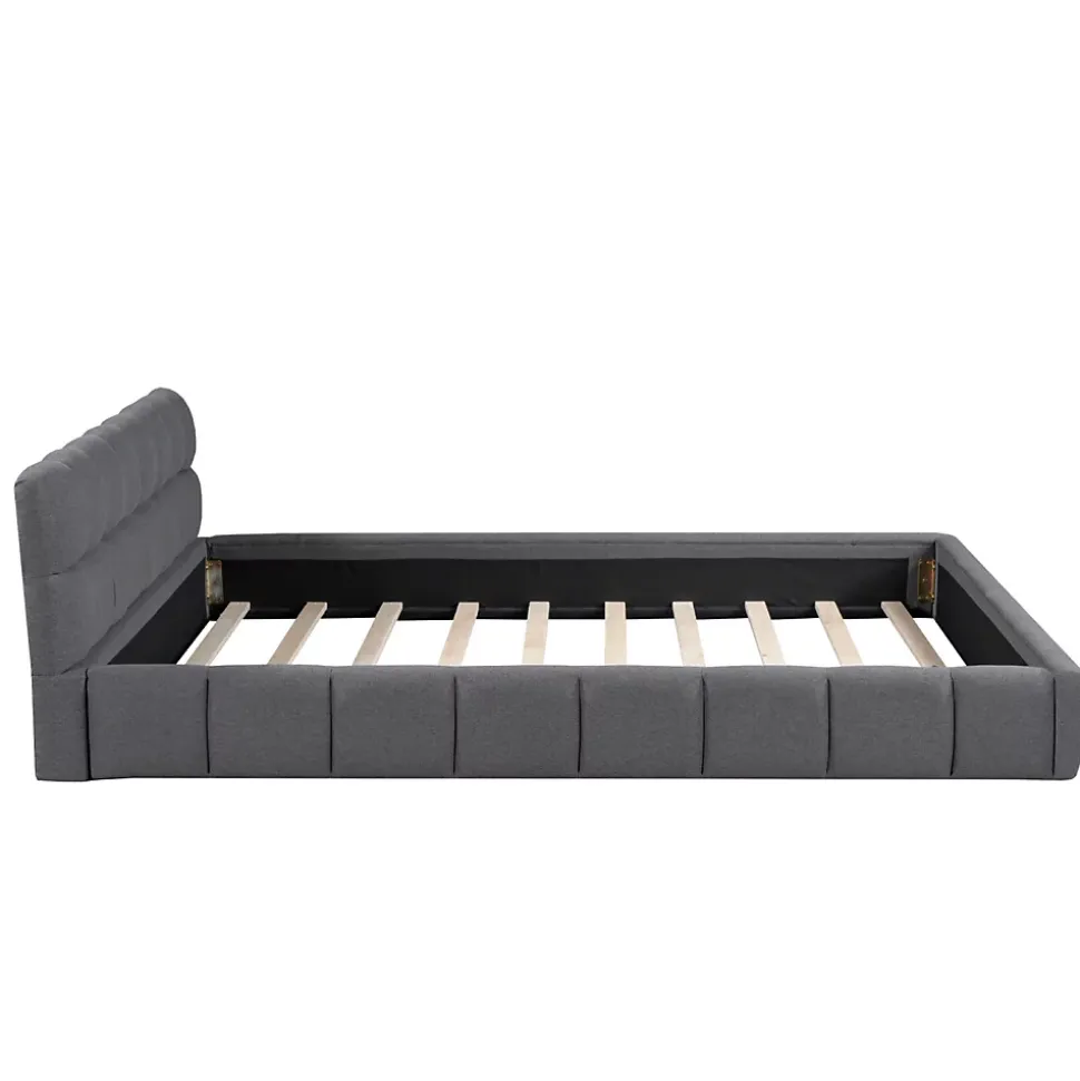 Lit adulte 160x200cm en lin avec dossier moelleux, Lit plat avec sommier à lattes, gris