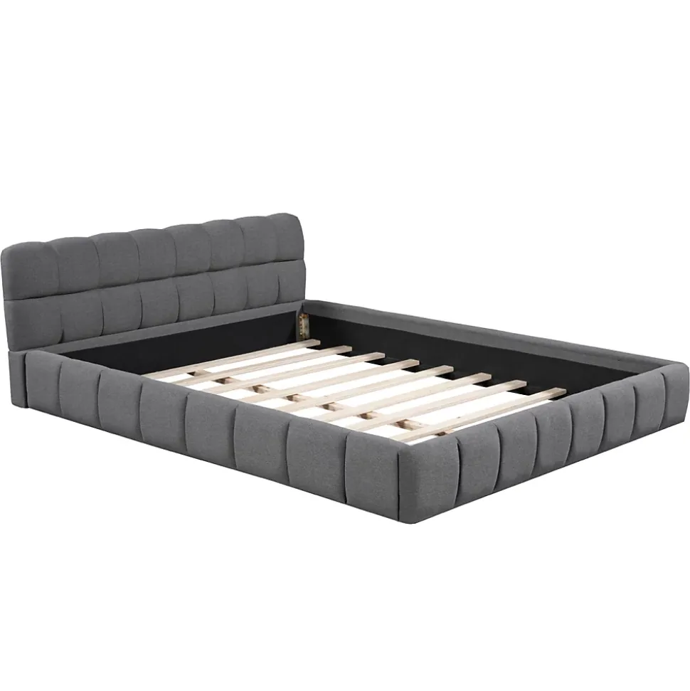 Lit adulte 160x200cm en lin avec dossier moelleux, Lit plat avec sommier à lattes, gris