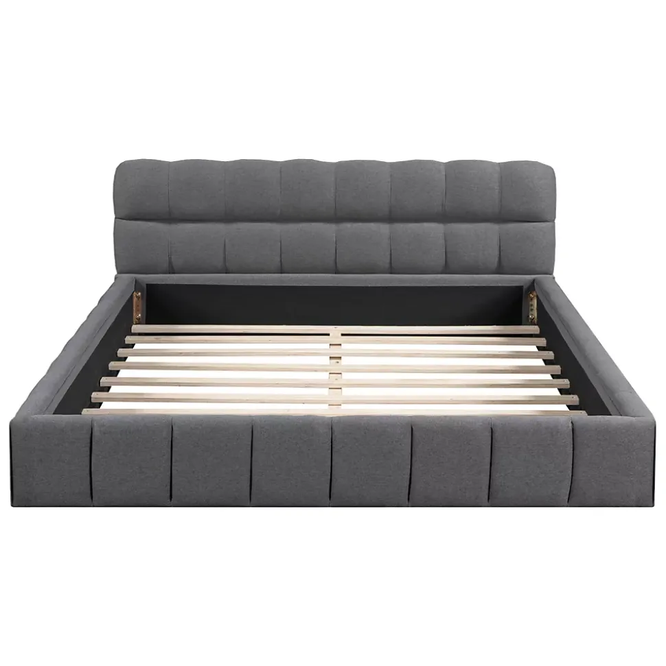 Lit adulte 160x200cm en lin avec dossier moelleux, Lit plat avec sommier à lattes, gris