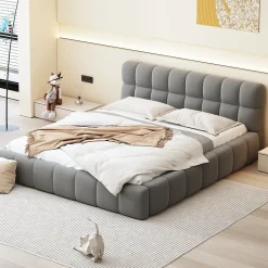 Lit adulte 160x200cm en lin avec dossier moelleux, Lit plat avec sommier à lattes, gris