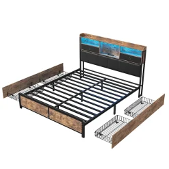 Lit adulte 140x200cm,avec LED et tiroirs, lit en fer avec tête de lit et sommier à lattes, noir