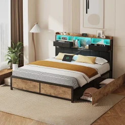 Lit adulte 140x200cm,avec LED et tiroirs, lit en fer avec tête de lit et sommier à lattes, noir
