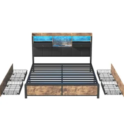 Lit adulte 140x200cm,avec LED et tiroirs, lit en fer avec tête de lit et sommier à lattes, noir