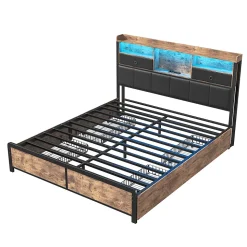 Lit adulte 140x200cm,avec LED et tiroirs, lit en fer avec tête de lit et sommier à lattes, noir