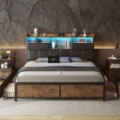 Lit adulte 140x200cm,avec LED et tiroirs, lit en fer avec tête de lit et sommier à lattes, noir