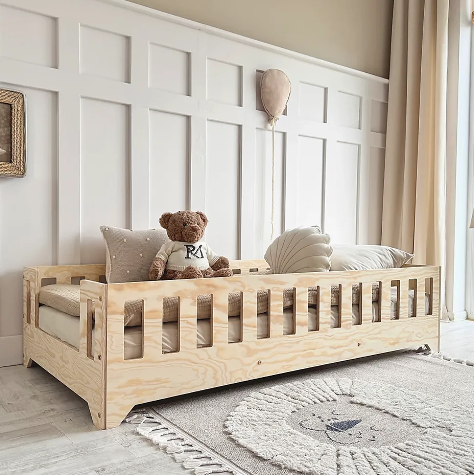 Lit au sol 90x190 entree laterale sommier inclus Clarisse Bois