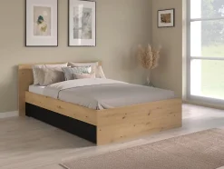 Lit avec 2 tiroirs 140 x 190/200 cm - Coloris : Naturel et noir + Sommier - VARLY