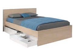 Lit avec 4 tiroirs 140 x 190 cm - Coloris : Blanc brillant et naturel - VELONA