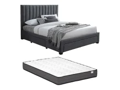 Lit avec 3 tiroirs 180 x 200 cm - Tissu - Gris + Matelas - LIAKO