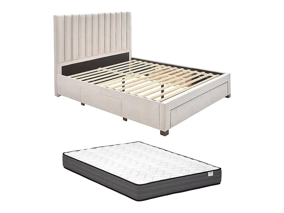 Lit avec 3 tiroirs 180 x 200 cm - Tissu - Beige + Matelas - LIAKO