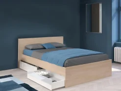Lit avec 2 tiroirs 140 x 190 cm - Coloris : Naturel et blanc brillant - VELONA