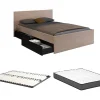 Lit avec 4 tiroirs 160 x 200 cm - Coloris : Naturel et noir + Sommier + Matelas - VELONA