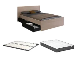 Lit avec 4 tiroirs 160 x 200 cm - Coloris : Naturel et noir + Sommier + Matelas - VELONA