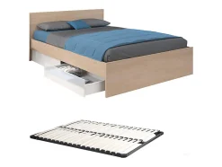 Lit avec 2 tiroirs 160 x 200 cm - Coloris : Naturel et blanc brillant + sommier - VELONA