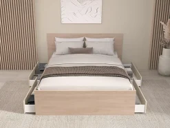 Lit avec 4 tiroirs 160 x 200 cm - coloris : Naturel et beige - VELONA