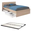 Lit avec 2 tiroirs 140 x 190 cm - Coloris : Naturel et blanc brillant + sommier - VELONA