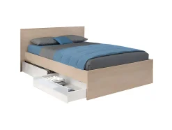 Lit avec 2 tiroirs 140 x 190 cm - Coloris : Naturel et blanc brillant + sommier - VELONA