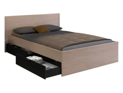 Lit avec 2 tiroirs 140 x 190 cm - Coloris : Naturel et noir - VELONA