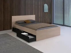 Lit avec 2 tiroirs 140 x 190 cm - Coloris : Naturel et noir - VELONA