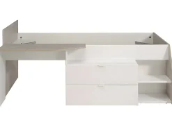 Lit avec bureau et rangements - 90 x 190/200 cm - Blanc et naturel + Sommier + Matelas - GISELE